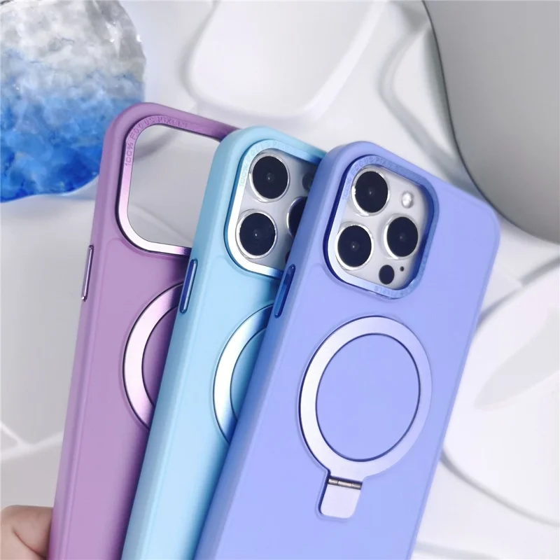 Bulk Buy Magnetic Phone Shell for iPhone 15 Pro , Anti-Scratch Phone Case Aluminum Alloy Kickstand PC+TPU Cover - Blu