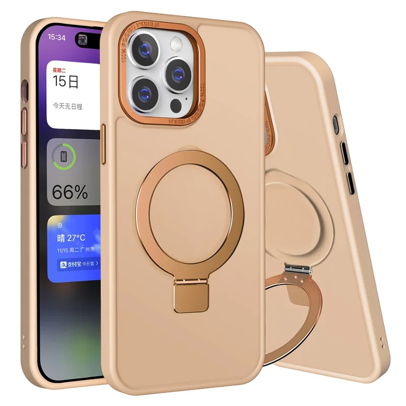 Bulk Purchasing Magnetic Phone Shell for iPhone 15 Pro , Anti-Scratch Phone Case Aluminum Alloy Kickstand PC+TPU Cover - Orange