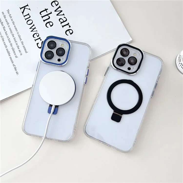 Bulk Purchasing Kickstand Phone Cover for iPhone 15 Pro Max , Clear PC+TPU Shell Magnetic Phone Case Compatible with MagSafe - Dark Blue