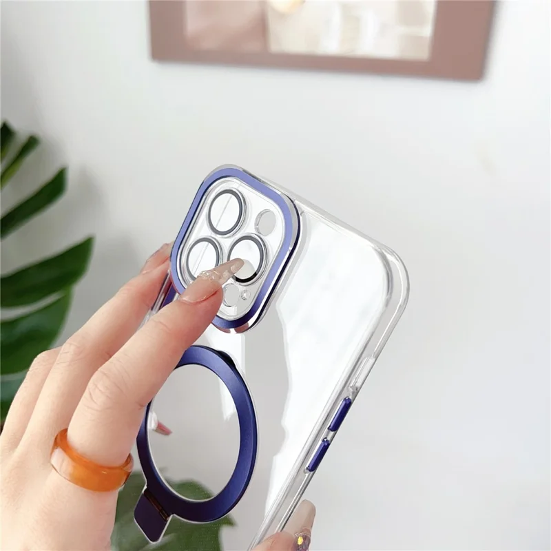 Bulk Purchasing for iPhone 14 Pro PC+TPU Clear Cover Magnetic Ring Kickstand Phone Case with Glass Lens Protector - Green