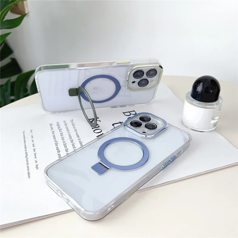 Bulk Purchasing for iPhone 14 Pro PC+TPU Clear Cover Magnetic Ring Kickstand Phone Case with Glass Lens Protector - Green