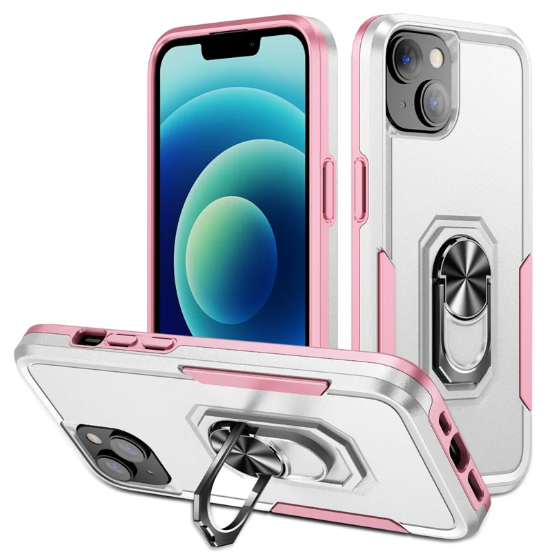 For iPhone 15 PC+TPU Shockproof Cover Anti-fall Phone Case with Ring Kickstand - White+Pink