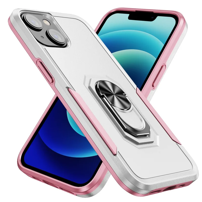 For iPhone 15 PC+TPU Shockproof Cover Anti-fall Phone Case with Ring Kickstand - White+Pink