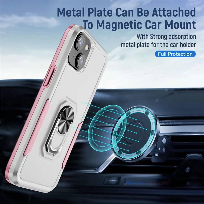 For iPhone 15 PC+TPU Shockproof Cover Anti-fall Phone Case with Ring Kickstand - White+Pink