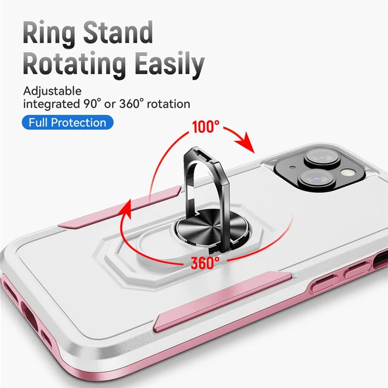 For iPhone 15 PC+TPU Shockproof Cover Anti-fall Phone Case with Ring Kickstand - White+Pink