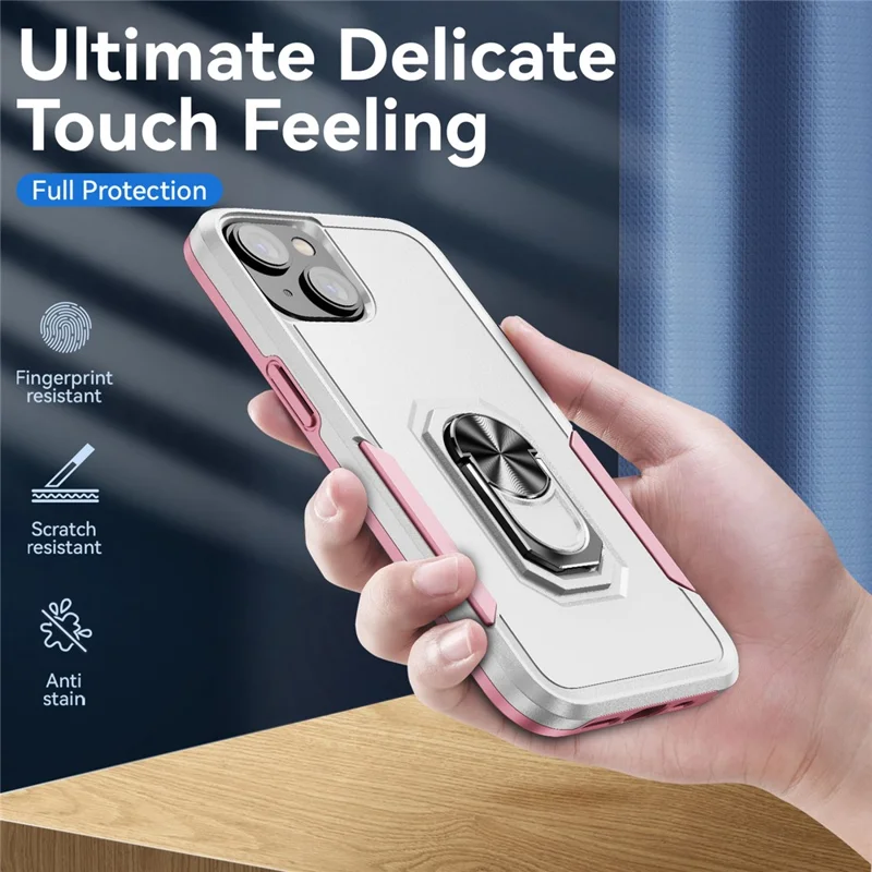For iPhone 15 PC+TPU Shockproof Cover Anti-fall Phone Case with Ring Kickstand - White+Pink