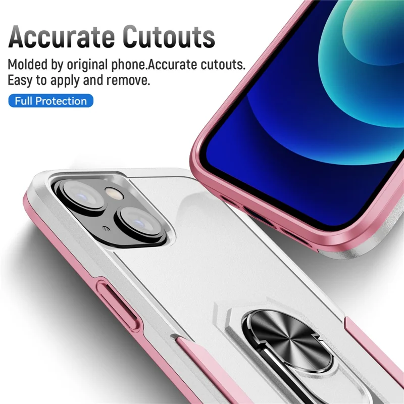 For iPhone 15 PC+TPU Shockproof Cover Anti-fall Phone Case with Ring Kickstand - White+Pink