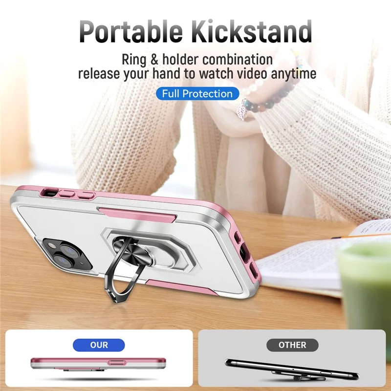 For iPhone 15 PC+TPU Shockproof Cover Anti-fall Phone Case with Ring Kickstand - White+Pink