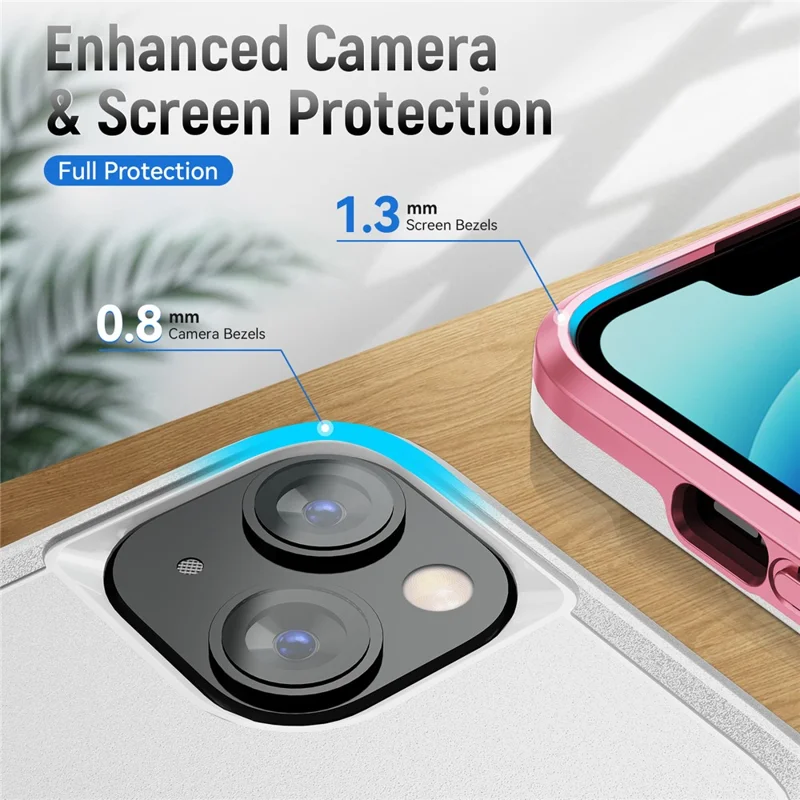 For iPhone 15 PC+TPU Shockproof Cover Anti-fall Phone Case with Ring Kickstand - White+Pink