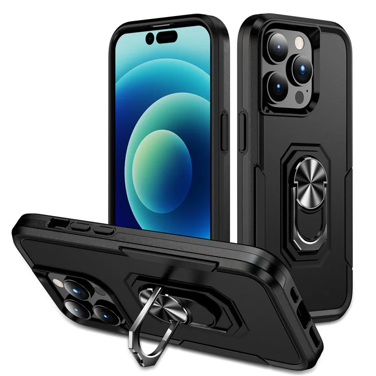 Für iPhone 15 Pro Drop-proof Back Cover PC+TPU Handy-Hülle mit Ring Kickstand - Schwarz