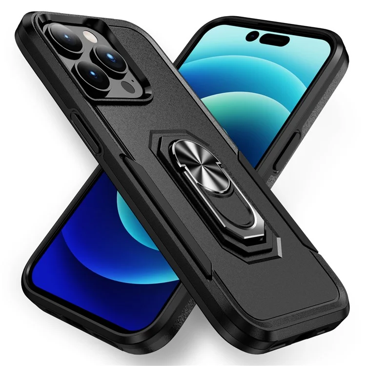 Für iPhone 15 Pro Drop-proof Back Cover PC+TPU Handy-Hülle mit Ring Kickstand - Schwarz