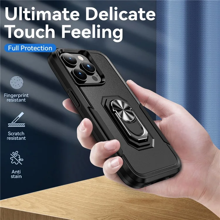 Für iPhone 15 Pro Drop-proof Back Cover PC+TPU Handy-Hülle mit Ring Kickstand - Schwarz
