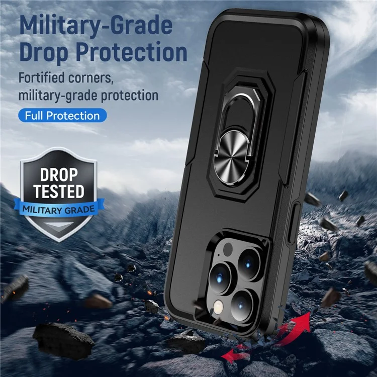 Für iPhone 15 Pro Drop-proof Back Cover PC+TPU Handy-Hülle mit Ring Kickstand - Schwarz
