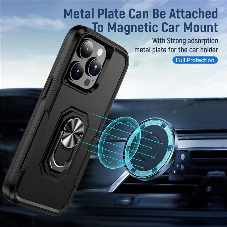 Für iPhone 15 Pro Drop-proof Back Cover PC+TPU Handy-Hülle mit Ring Kickstand - Schwarz