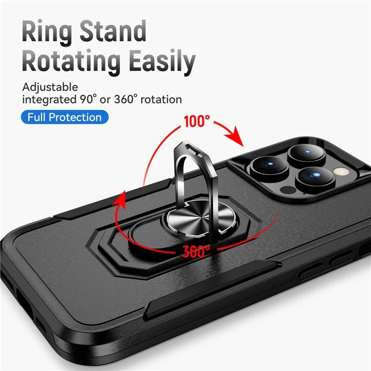 Für iPhone 15 Pro Drop-proof Back Cover PC+TPU Handy-Hülle mit Ring Kickstand - Schwarz