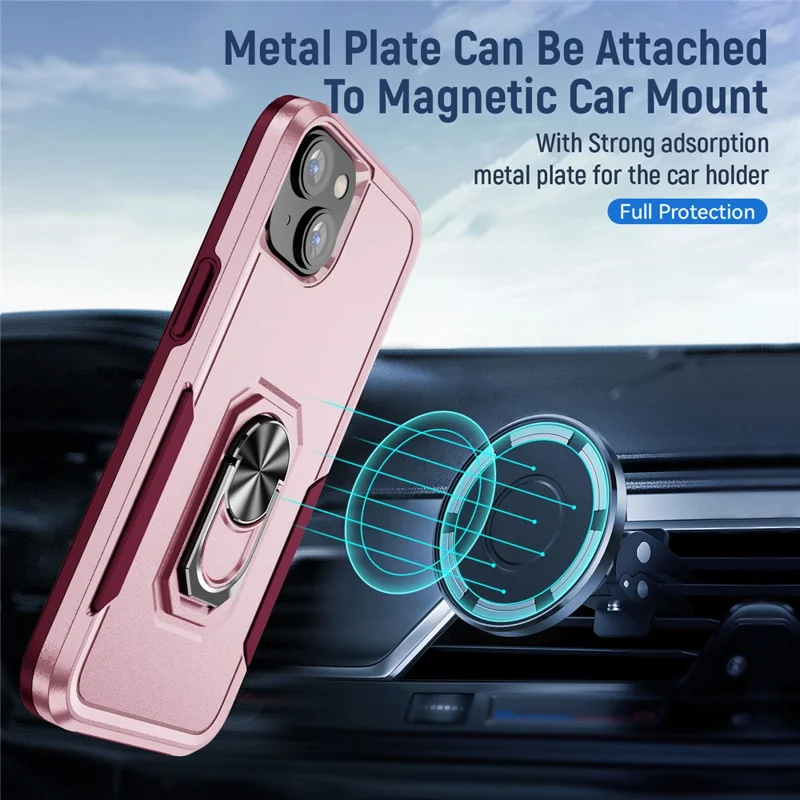 For iPhone 15 Plus Ring Kickstand PC+TPU Back Cover Anti-scratch Phone Case - Pink+Rose