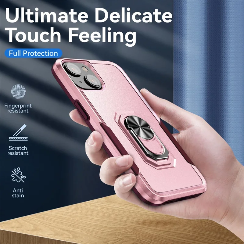 For iPhone 15 Plus Ring Kickstand PC+TPU Back Cover Anti-scratch Phone Case - Pink+Rose