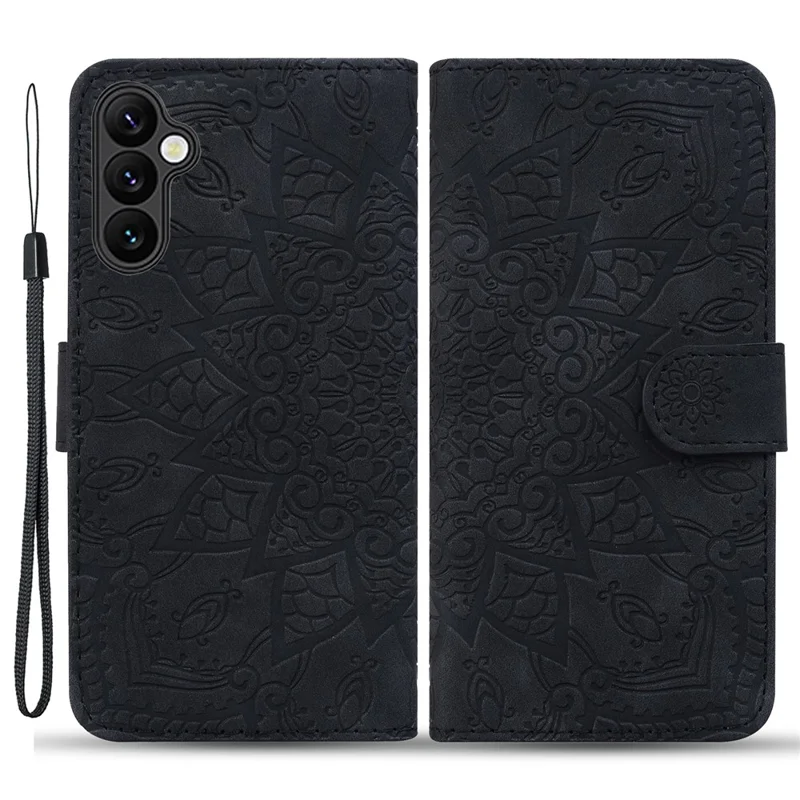 For Samsung Galaxy S23 FE Flower Imprint Phone Cover Calf Texture Stand Wallet Leather Case - Black