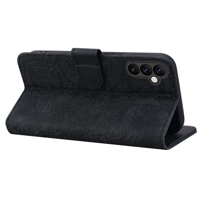 For Samsung Galaxy S23 FE Flower Imprint Phone Cover Calf Texture Stand Wallet Leather Case - Black