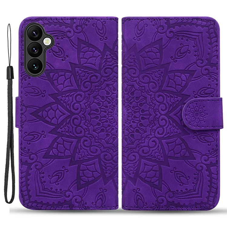 For Samsung Galaxy A24 4G (162.1 x 77.6 x 8.3mm) Calf Texture Leather Phone Cover Flower Imprint Flip Stand Wallet Case - Purple