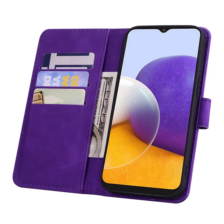 For Samsung Galaxy A24 4G (162.1 x 77.6 x 8.3mm) Calf Texture Leather Phone Cover Flower Imprint Flip Stand Wallet Case - Purple