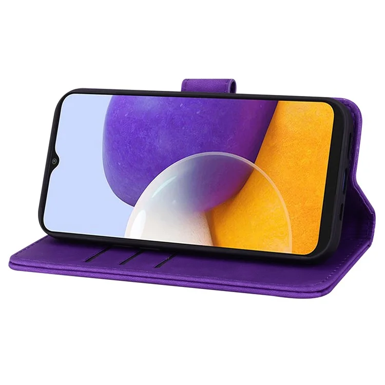 For Samsung Galaxy A24 4G (162.1 x 77.6 x 8.3mm) Calf Texture Leather Phone Cover Flower Imprint Flip Stand Wallet Case - Purple