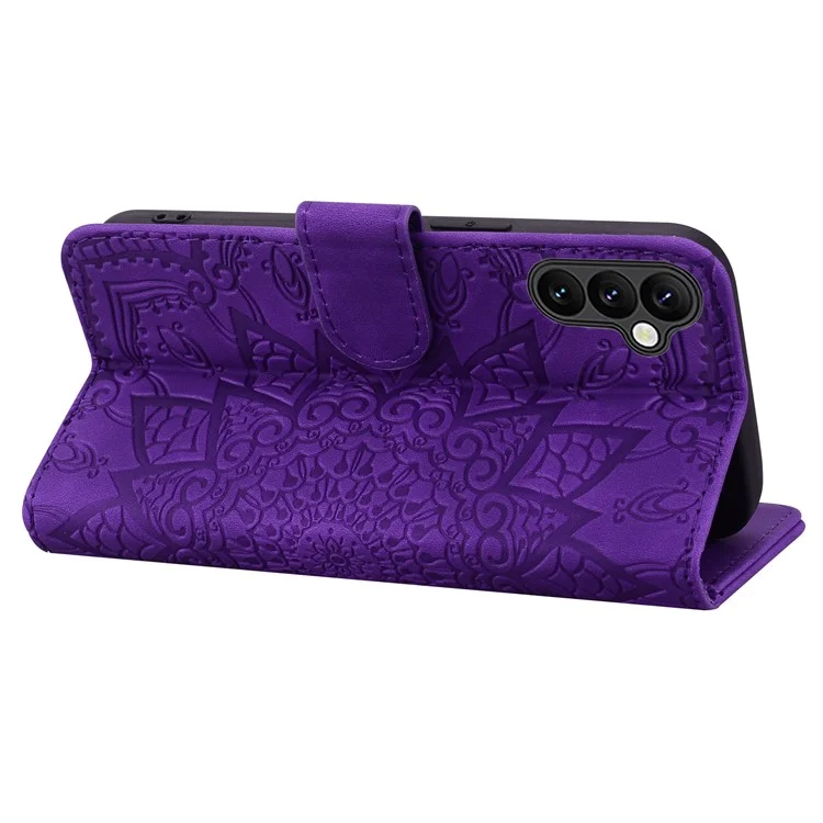 For Samsung Galaxy A24 4G (162.1 x 77.6 x 8.3mm) Calf Texture Leather Phone Cover Flower Imprint Flip Stand Wallet Case - Purple