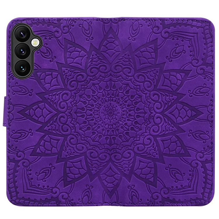 For Samsung Galaxy A24 4G (162.1 x 77.6 x 8.3mm) Calf Texture Leather Phone Cover Flower Imprint Flip Stand Wallet Case - Purple