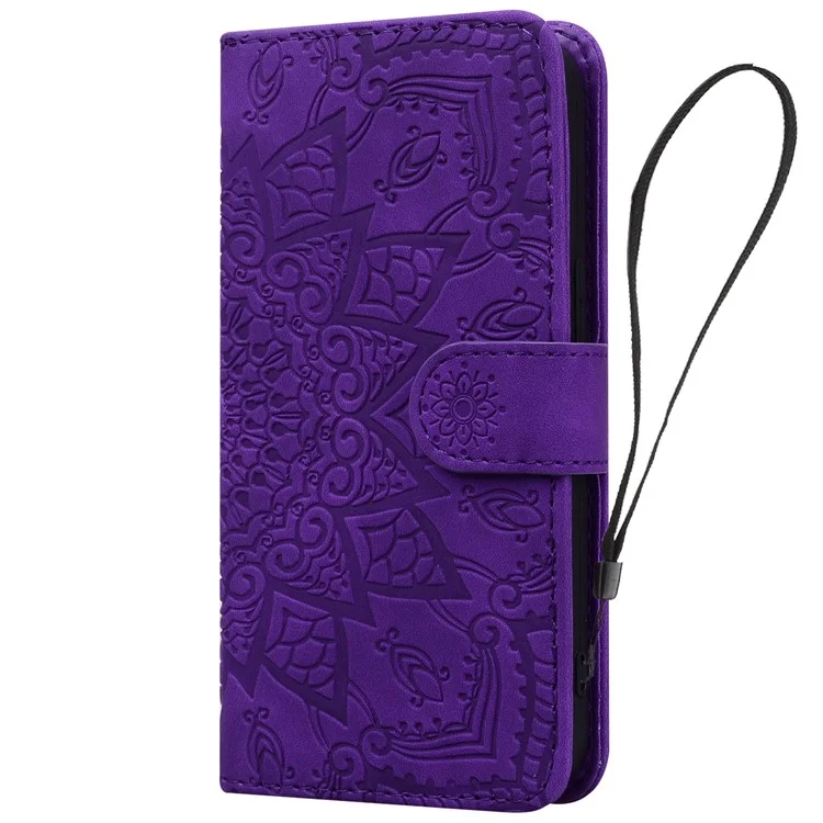 For Samsung Galaxy A24 4G (162.1 x 77.6 x 8.3mm) Calf Texture Leather Phone Cover Flower Imprint Flip Stand Wallet Case - Purple
