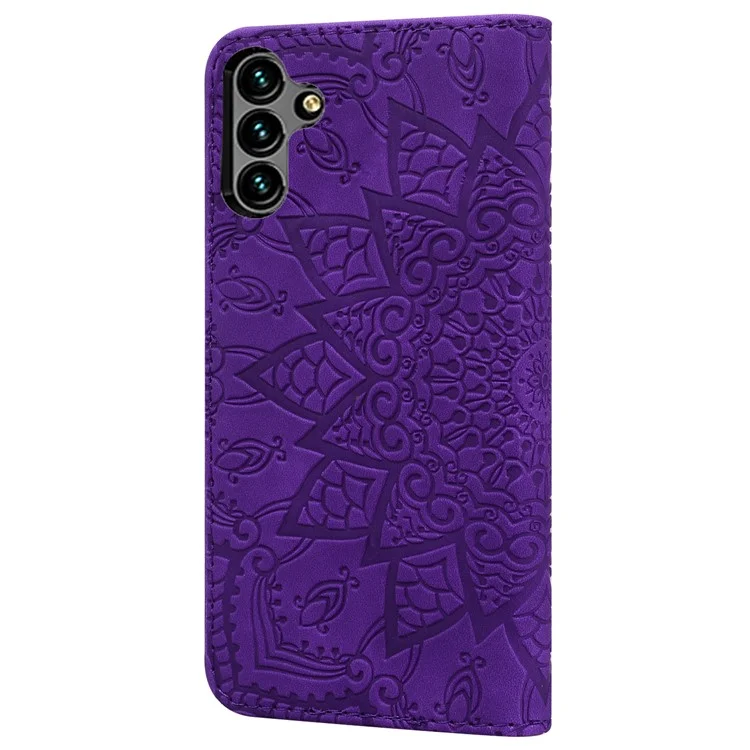 For Samsung Galaxy A24 4G (162.1 x 77.6 x 8.3mm) Calf Texture Leather Phone Cover Flower Imprint Flip Stand Wallet Case - Purple