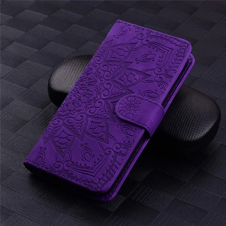 For Samsung Galaxy A24 4G (162.1 x 77.6 x 8.3mm) Calf Texture Leather Phone Cover Flower Imprint Flip Stand Wallet Case - Purple