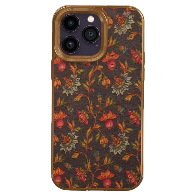 Flower Pattern Series for iPhone 12 / 12 Pro Electroplating Phone Case PU Leather Coated TPU+PC Cover - Black
