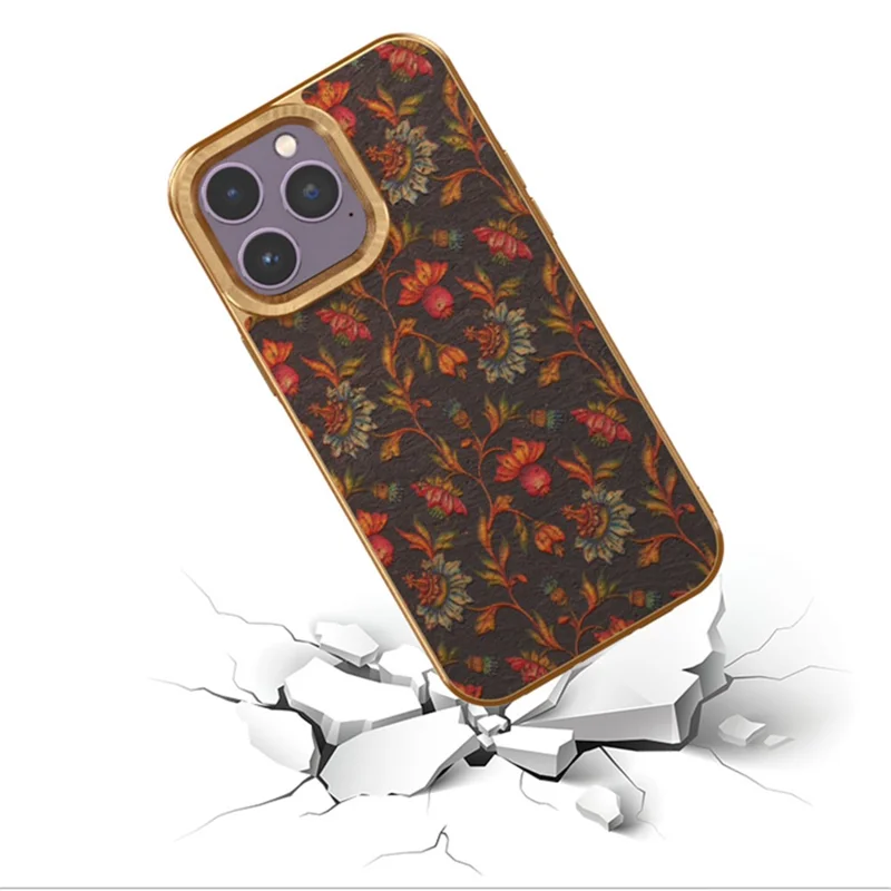 Flower Pattern Series for iPhone 12 / 12 Pro Electroplating Phone Case PU Leather Coated TPU+PC Cover - Black