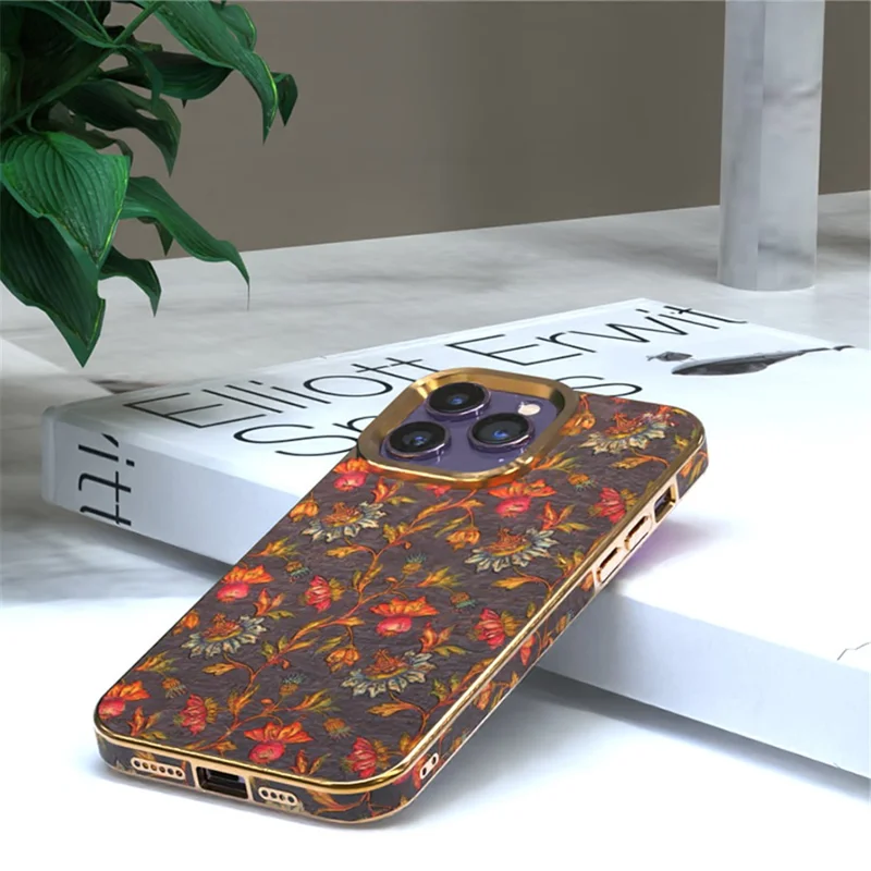 Flower Pattern Series for iPhone 12 / 12 Pro Electroplating Phone Case PU Leather Coated TPU+PC Cover - Black
