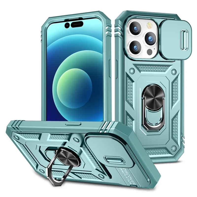 For iPhone 15 Pro Sliding Camera Window Phone Case PC+TPU Kickstand Cover with Card Slot - Green