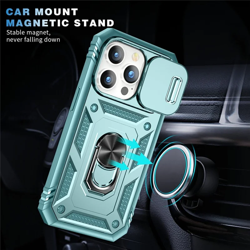 For iPhone 15 Pro Sliding Camera Window Phone Case PC+TPU Kickstand Cover with Card Slot - Green