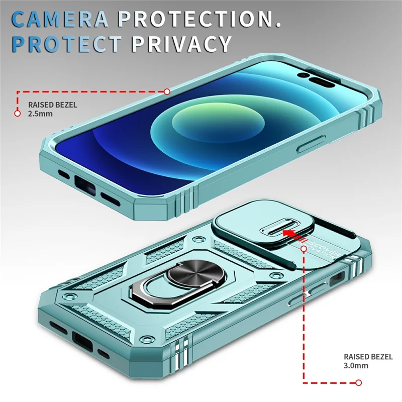 For iPhone 15 Pro Sliding Camera Window Phone Case PC+TPU Kickstand Cover with Card Slot - Green