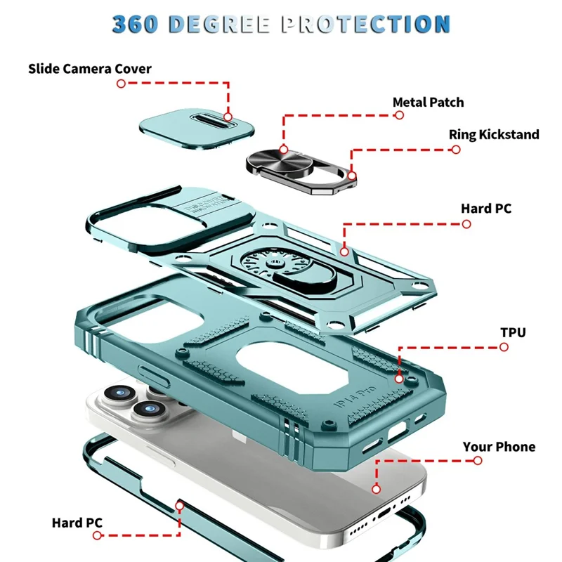 For iPhone 15 Pro Sliding Camera Window Phone Case PC+TPU Kickstand Cover with Card Slot - Green