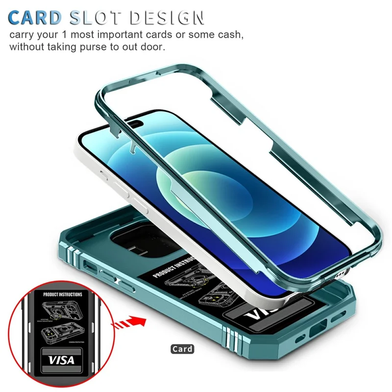 For iPhone 15 Pro Sliding Camera Window Phone Case PC+TPU Kickstand Cover with Card Slot - Green