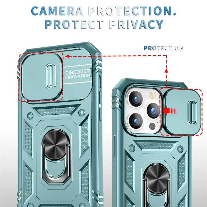 For iPhone 15 Pro Sliding Camera Window Phone Case PC+TPU Kickstand Cover with Card Slot - Green