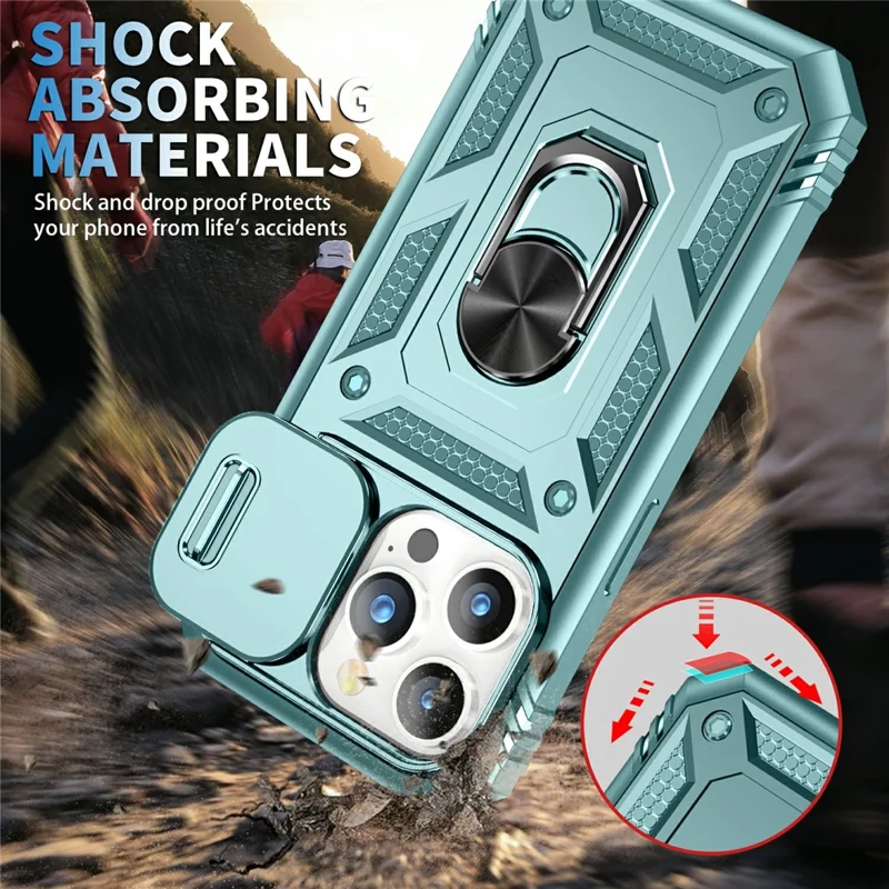 For iPhone 15 Pro Sliding Camera Window Phone Case PC+TPU Kickstand Cover with Card Slot - Green