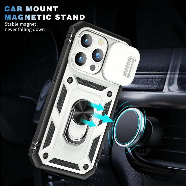 Для iPhone 15 Pro Max Kickstand Case Card Holder PC+TPU Phone Cover с защитой скользящей камеры - Белый+Черный