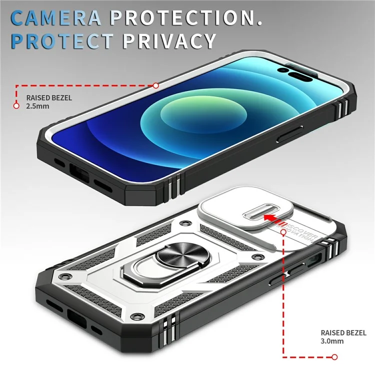 Для iPhone 15 Pro Max Kickstand Case Card Holder PC+TPU Phone Cover с защитой скользящей камеры - Белый+Черный