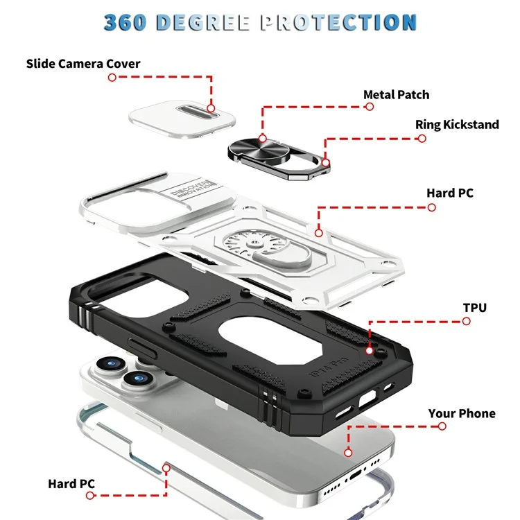 Для iPhone 15 Pro Max Kickstand Case Card Holder PC+TPU Phone Cover с защитой скользящей камеры - Белый+Черный