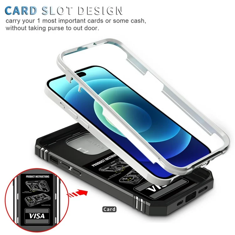 Для iPhone 15 Pro Max Kickstand Case Card Holder PC+TPU Phone Cover с защитой скользящей камеры - Белый+Черный
