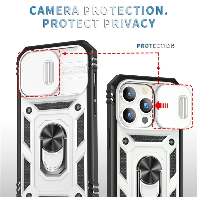 Для iPhone 15 Pro Max Kickstand Case Card Holder PC+TPU Phone Cover с защитой скользящей камеры - Белый+Черный