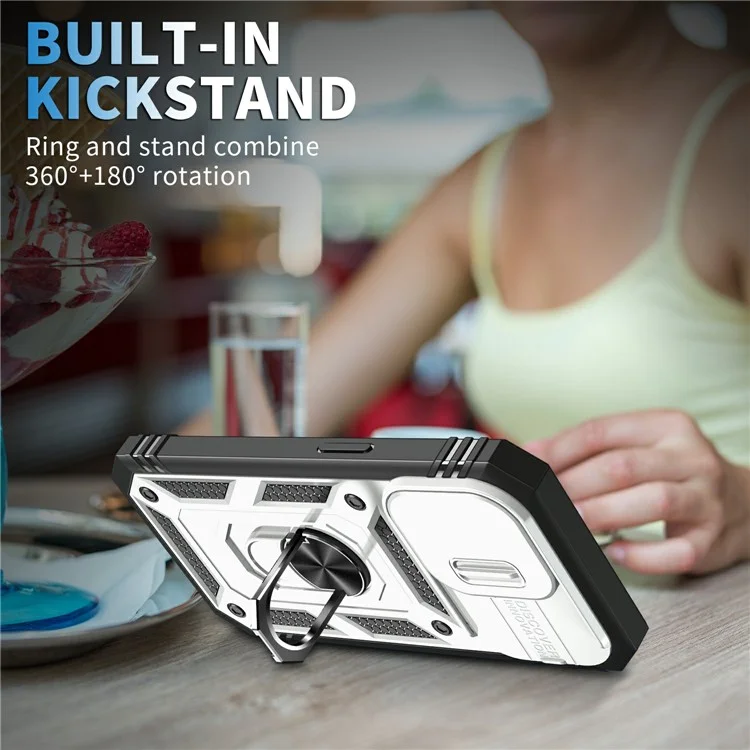 Для iPhone 15 Pro Max Kickstand Case Card Holder PC+TPU Phone Cover с защитой скользящей камеры - Белый+Черный