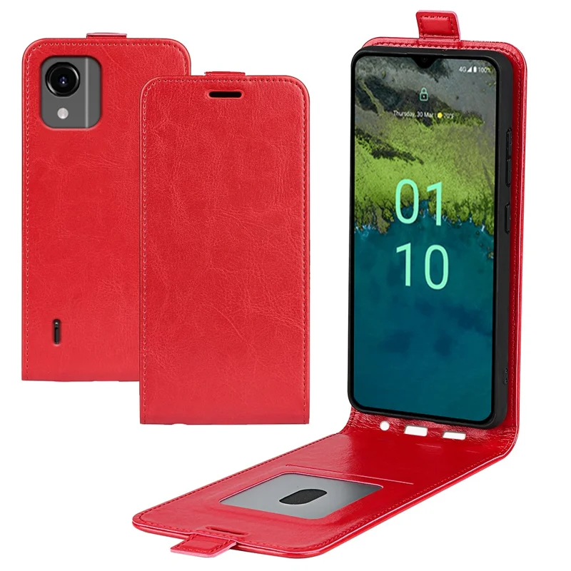 For Nokia C110 Card Holder Phone Case Crazy Horse Texture Vertical Flip Leather Cover - Red
