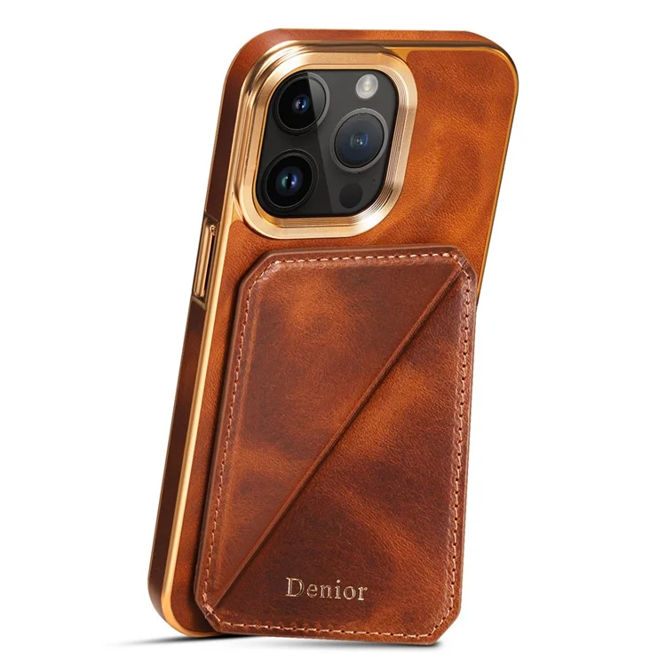 DENIOR For iPhone 13 Pro Card Holder Electroplating Case Waxy Genuine Cow Leather Coated TPU+PC Kickstand Phone Cover - Brown