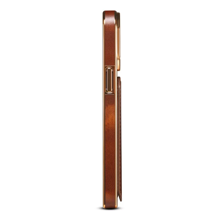 DENIOR For iPhone 13 Pro Card Holder Electroplating Case Waxy Genuine Cow Leather Coated TPU+PC Kickstand Phone Cover - Brown